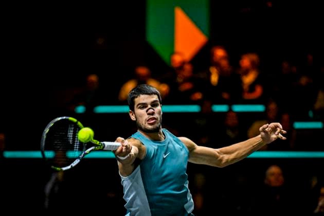 2025-02-06 ABN AMRO Open 2025 ROTTERDAM, NETHERLANDS - FEBRUARY 6: Carlos Alcaraz of Spain competing in the Men s Singles during the ABN AMRO Open 2025 at Rotterdam Ahoy on February 6, 2025 in Rotterdam, Netherlands. Rotterdam Rotterdam Ahoy Netherlands Content not available for redistribution in The Netherlands directly or indirectly through any third parties. Copyright: xJanxKokx