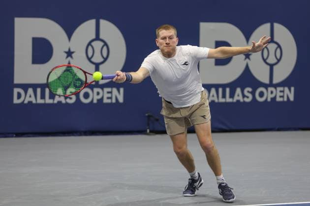 FRISCO, TX - FEBRUARY 06: Luke Johnson (GBR) hits a forehand during the quarterfinal round of the Dallas Open on February 2, 2025, at Ford Center at The Star in Frisco, TX. (Photo by George Walker Icon Sportswire) TENNIS: FEB 06 Dallas Open EDITORIAL USE ONLY Icon250206001
