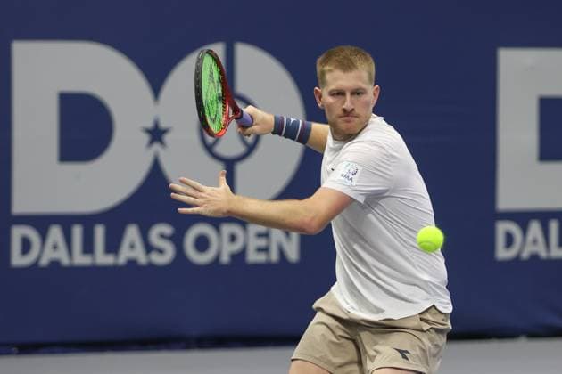 FRISCO, TX - FEBRUARY 06: Luke Johnson (GBR) hits a forehand during the quarterfinal round of the Dallas Open on February 2, 2025, at Ford Center at The Star in Frisco, TX. (Photo by George Walker Icon Sportswire) TENNIS: FEB 06 Dallas Open EDITORIAL USE ONLY Icon250206002
