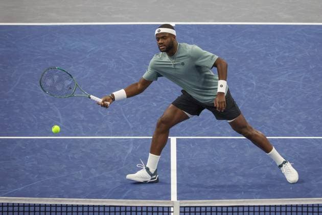 FRISCO, TX - FEBRUARY 06: Frances Tiafoe (USA) hits a volley during the second round of the Dallas Open on February 2, 2025, at Ford Center at The Star in Frisco, TX. (Photo by George Walker Icon Sportswire) TENNIS: FEB 06 Dallas Open EDITORIAL USE ONLY Icon250206004