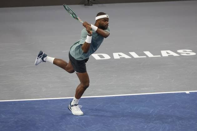 FRISCO, TX - FEBRUARY 06: Frances Tiafoe (USA) hits a backhand during the second round of the Dallas Open on February 2, 2025, at Ford Center at The Star in Frisco, TX. (Photo by George Walker Icon Sportswire) TENNIS: FEB 06 Dallas Open EDITORIAL USE ONLY Icon250206005