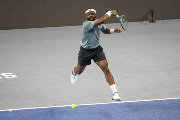 FRISCO, TX - FEBRUARY 06: Frances Tiafoe (USA) hits a forehand during the second round of the Dallas Open on February 2, 2025, at Ford Center at The Star in Frisco, TX. (Photo by George Walker Icon Sportswire) TENNIS: FEB 06 Dallas Open EDITORIAL USE ONLY Icon250206006