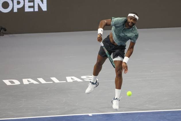 FRISCO, TX - FEBRUARY 06: Frances Tiafoe (USA) serves during the second round of the Dallas Open on February 2, 2025, at Ford Center at The Star in Frisco, TX. (Photo by George Walker Icon Sportswire) TENNIS: FEB 06 Dallas Open EDITORIAL USE ONLY Icon250206007