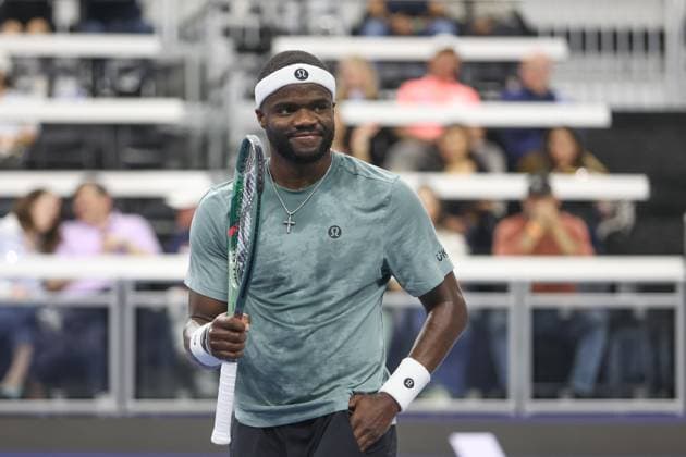 FRISCO, TX - FEBRUARY 06: Frances Tiafoe (USA) reacts to a point during the second round of the Dallas Open on February 2, 2025, at Ford Center at The Star in Frisco, TX. (Photo by George Walker Icon Sportswire) TENNIS: FEB 06 Dallas Open EDITORIAL USE ONLY Icon250206009