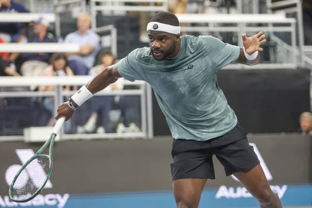 FRISCO, TX - FEBRUARY 06: Frances Tiafoe (USA) hits a backhand during the second round of the Dallas Open on February 2, 2025, at Ford Center at The Star in Frisco, TX. (Photo by George Walker Icon Sportswire) TENNIS: FEB 06 Dallas Open EDITORIAL USE ONLY Icon250206011