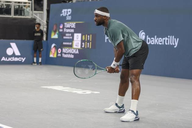 FRISCO, TX - FEBRUARY 06: Frances Tiafoe (USA) receives serve during the second round of the Dallas Open on February 2, 2025, at Ford Center at The Star in Frisco, TX. (Photo by George Walker Icon Sportswire) TENNIS: FEB 06 Dallas Open EDITORIAL USE ONLY Icon250206014