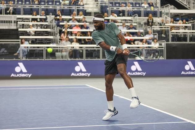 FRISCO, TX - FEBRUARY 06: Frances Tiafoe (USA) hits a backhand during the second round of the Dallas Open on February 2, 2025, at Ford Center at The Star in Frisco, TX. (Photo by George Walker Icon Sportswire) TENNIS: FEB 06 Dallas Open EDITORIAL USE ONLY Icon250206015