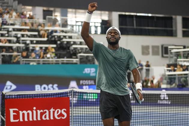 FRISCO, TX - FEBRUARY 06: Frances Tiafoe (USA) reacts to a point during the second round of the Dallas Open on February 2, 2025, at Ford Center at The Star in Frisco, TX. (Photo by George Walker Icon Sportswire) TENNIS: FEB 06 Dallas Open EDITORIAL USE ONLY Icon250206016