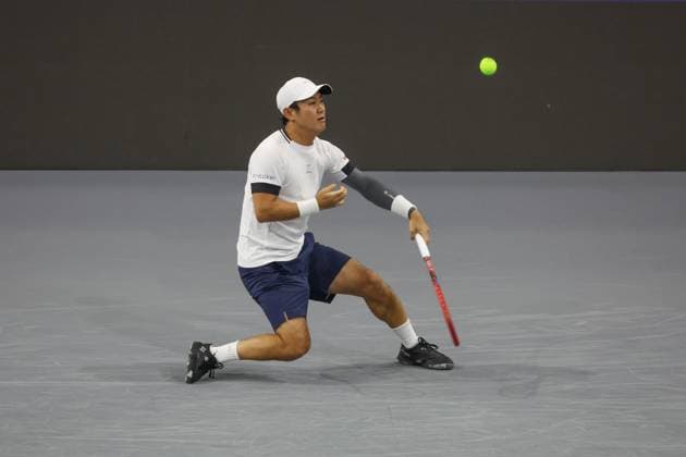 FRISCO, TX - FEBRUARY 06: Yoshihito Nishioka (JPN) hits a forehand during the second round of the Dallas Open on February 2, 2025, at Ford Center at The Star in Frisco, TX. (Photo by George Walker Icon Sportswire) TENNIS: FEB 06 Dallas Open EDITORIAL USE ONLY Icon250206019