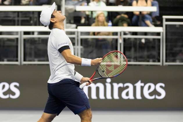 February 6, 2025, Frisco, Texas, USA: YOSHIHITO NISHIOKA (JAP) reacts after winning a singles match against FRANCIS TIAFOE (USA) during day six of the 2025 Dallas Open at the Star in Frisco, TX. YOSHIHITO NISHIOKA (JPN) defeated FRANCIS TIAFOE (USA), 3:6, 6:4, 6:4. Frisco USA - ZUMAh193 20250206_zsp_h193_001 Copyright: xDanielxMcGregor-Huyerx