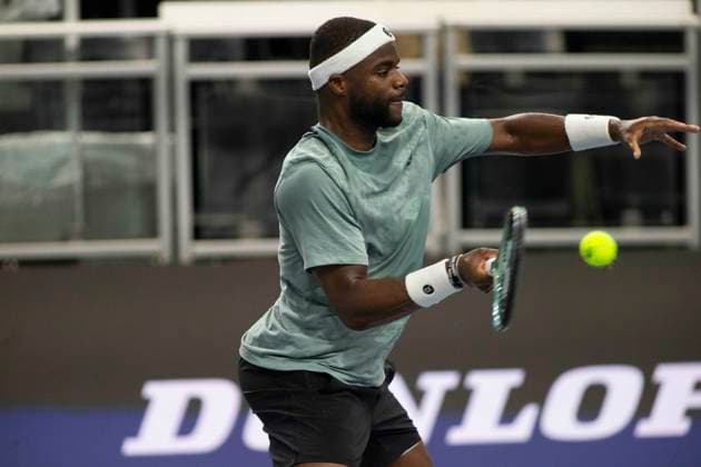 February 6, 2025, Frisco, Texas, USA: FRANCIS TIAFOE (USA) uses a forehand in a singles match against YOSHIHITO NISHIOKA (JAP) during day six of the 2025 Dallas Open at the Star in Frisco, TX. YOSHIHITO NISHIOKA (JPN) defeated FRANCIS TIAFOE (USA), 3:6, 6:4, 6:4. Frisco USA - ZUMAh193 20250206_zsp_h193_002 Copyright: xDanielxMcGregor-Huyerx
