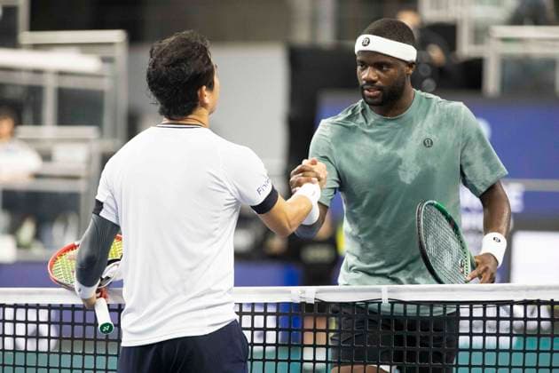 February 6, 2025, Frisco, Texas, USA: YOSHIHITO NISHIOKA (JAP) shakes hands with FRANCIS TIAFOE (USA) after a singles match during day six of the 2025 Dallas Open at the Star in Frisco, TX. YOSHIHITO NISHIOKA (JPN) defeated FRANCIS TIAFOE (USA), 3:6, 6:4, 6:4. Frisco USA - ZUMAh193 20250206_zsp_h193_005 Copyright: xDanielxMcGregor-Huyerx