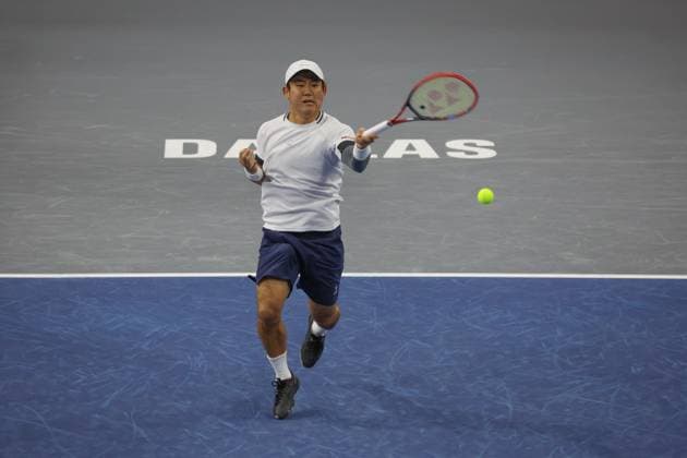 FRISCO, TX - FEBRUARY 06: Yoshihito Nishioka (JPN) hits a forehand during the second round of the Dallas Open on February 2, 2025, at Ford Center at The Star in Frisco, TX. (Photo by George Walker Icon Sportswire) TENNIS: FEB 06 Dallas Open EDITORIAL USE ONLY Icon250206021