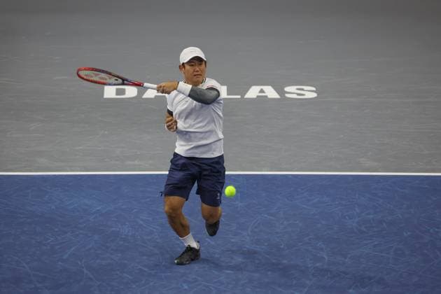 FRISCO, TX - FEBRUARY 06: Yoshihito Nishioka (JPN) hits a forehand during the second round of the Dallas Open on February 2, 2025, at Ford Center at The Star in Frisco, TX. (Photo by George Walker Icon Sportswire) TENNIS: FEB 06 Dallas Open EDITORIAL USE ONLY Icon250206022