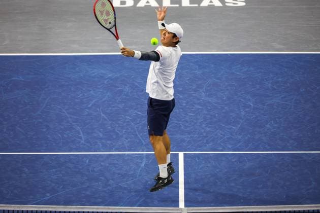 FRISCO, TX - FEBRUARY 06: Yoshihito Nishioka (JPN) hits a backhand during the second round of the Dallas Open on February 2, 2025, at Ford Center at The Star in Frisco, TX. (Photo by George Walker Icon Sportswire) TENNIS: FEB 06 Dallas Open EDITORIAL USE ONLY Icon250206024
