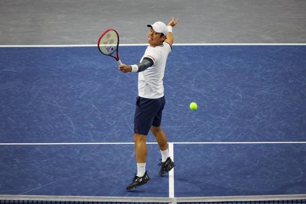 FRISCO, TX - FEBRUARY 06: Yoshihito Nishioka (JPN) hits a backhand during the second round of the Dallas Open on February 2, 2025, at Ford Center at The Star in Frisco, TX. (Photo by George Walker Icon Sportswire) TENNIS: FEB 06 Dallas Open EDITORIAL USE ONLY Icon250206025