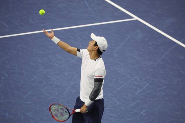 FRISCO, TX - FEBRUARY 06: Yoshihito Nishioka (JPN) serves during the second round of the Dallas Open on February 2, 2025, at Ford Center at The Star in Frisco, TX. (Photo by George Walker Icon Sportswire) TENNIS: FEB 06 Dallas Open EDITORIAL USE ONLY Icon250206028