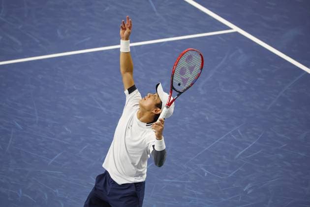 FRISCO, TX - FEBRUARY 06: Yoshihito Nishioka (JPN) serves during the second round of the Dallas Open on February 2, 2025, at Ford Center at The Star in Frisco, TX. (Photo by George Walker Icon Sportswire) TENNIS: FEB 06 Dallas Open EDITORIAL USE ONLY Icon250206029