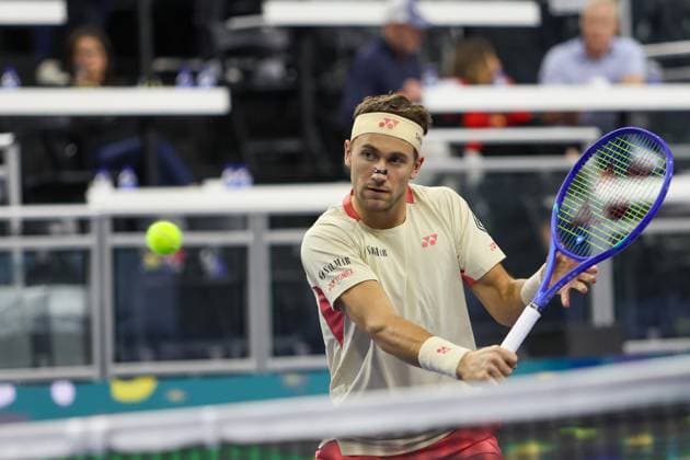 FRISCO, TX - FEBRUARY 06: Casper Ruud (NOR) hits a volley during the second round of the Dallas Open on February 2, 2025, at Ford Center at The Star in Frisco, TX. (Photo by George Walker Icon Sportswire) TENNIS: FEB 06 Dallas Open EDITORIAL USE ONLY Icon250206062