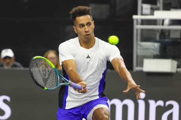 FRISCO, TX - FEBRUARY 06: Michael Mmoh (USA) hits a forehand during the second round of the Dallas Open on February 2, 2025, at Ford Center at The Star in Frisco, TX. (Photo by George Walker Icon Sportswire) TENNIS: FEB 06 Dallas Open EDITORIAL USE ONLY Icon250206065