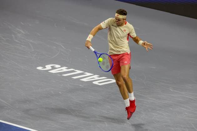 FRISCO, TX - FEBRUARY 06: Casper Ruud (NOR) hits a backhand during the second round of the Dallas Open on February 2, 2025, at Ford Center at The Star in Frisco, TX. (Photo by George Walker Icon Sportswire) TENNIS: FEB 06 Dallas Open EDITORIAL USE ONLY Icon250206078