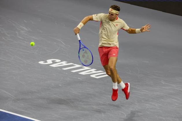 FRISCO, TX - FEBRUARY 06: Casper Ruud (NOR) hits a backhand during the second round of the Dallas Open on February 2, 2025, at Ford Center at The Star in Frisco, TX. (Photo by George Walker Icon Sportswire) TENNIS: FEB 06 Dallas Open EDITORIAL USE ONLY Icon250206079