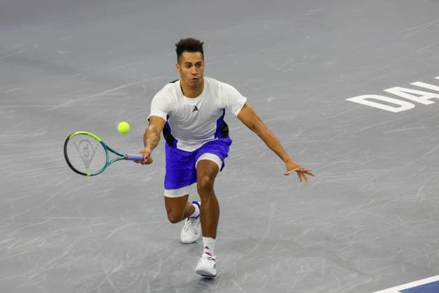 FRISCO, TX - FEBRUARY 06: Michael Mmoh (USA) hits a forehand during the second round of the Dallas Open on February 2, 2025, at Ford Center at The Star in Frisco, TX. (Photo by George Walker Icon Sportswire) TENNIS: FEB 06 Dallas Open EDITORIAL USE ONLY Icon250206088