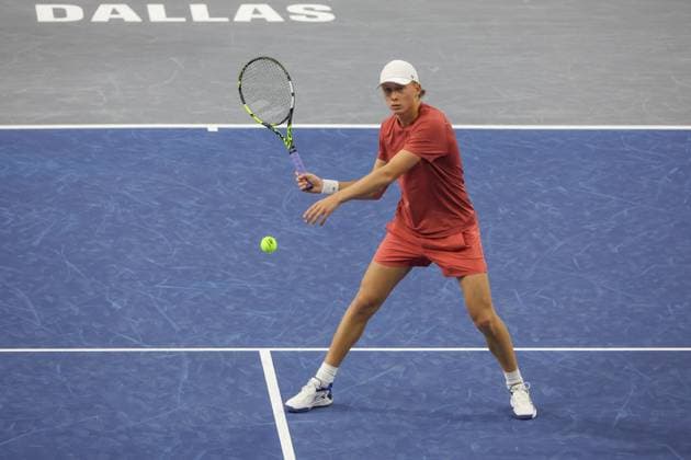 FRISCO, TX - FEBRUARY 06: Ethan Quinn (USA) hits a volley during the second round of the Dallas Open on February 2, 2025, at Ford Center at The Star in Frisco, TX. (Photo by George Walker Icon Sportswire) TENNIS: FEB 06 Dallas Open EDITORIAL USE ONLY Icon250206103