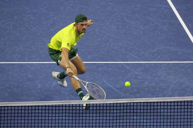 FRISCO, TX - FEBRUARY 06: Tommy Paul (USA) hits a backhand during the second round of the Dallas Open on February 2, 2025, at Ford Center at The Star in Frisco, TX. (Photo by George Walker Icon Sportswire) TENNIS: FEB 06 Dallas Open EDITORIAL USE ONLY Icon250206111