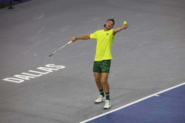 FRISCO, TX - FEBRUARY 06: Tommy Paul (USA) serves during the second round of the Dallas Open on February 2, 2025, at Ford Center at The Star in Frisco, TX. (Photo by George Walker Icon Sportswire) TENNIS: FEB 06 Dallas Open EDITORIAL USE ONLY Icon250206117