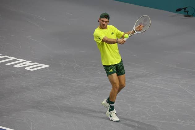 FRISCO, TX - FEBRUARY 06: Tommy Paul (USA) hits a backhand during the second round of the Dallas Open on February 2, 2025, at Ford Center at The Star in Frisco, TX. (Photo by George Walker Icon Sportswire) TENNIS: FEB 06 Dallas Open EDITORIAL USE ONLY Icon250206122