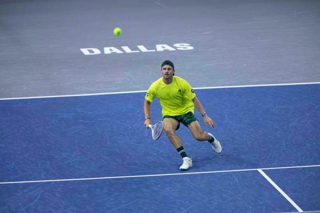 February 6, 2025, Frisco, Texas, USA: TOMMY PAUL (USA) waits for the ball in a singles match against ETHAN QUINN (USA) during day six of the 2025 Dallas Open at the Star in Frisco, TX. TOMMY PAUL (USA) defeated ETHAN QUINN (USA), 6:4, 5:7, 6:4. Frisco USA - ZUMAh193 20250206_zsp_h193_055 Copyright: xDanielxMcGregor-Huyerx