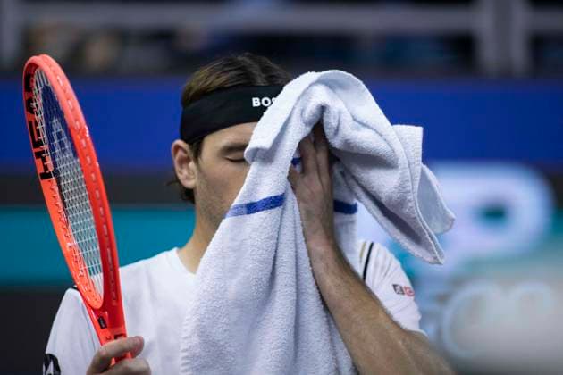 February 7, 2025, Frisco, Texas, USA: TAYLOR FRITZ (USA) wipes his face in a singles match against DENIS SHAPOVALOV (CAN) during day six of the 2025 Dallas Open at the Star in Frisco, TX. DENIS SHAPOVALOV (CAN) defeated TAYLOR FRITZ (USA), 2:6, 6:3, 7:6. Frisco USA - ZUMAh193 20250207_zsp_h193_009 Copyright: xDanielxMcGregor-Huyerx