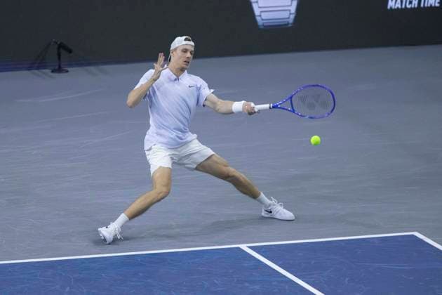 February 7, 2025, Frisco, Texas, USA: DENIS SHAPOVALOV (CAN) returns with a fore hand in a singles match against TAYLOR FRITZ (USA) during day six of the 2025 Dallas Open at the Star in Frisco, TX. DENIS SHAPOVALOV (CAN) defeated TAYLOR FRITZ (USA), 2:6, 6:3, 7:6. Frisco USA - ZUMAh193 20250207_zsp_h193_017 Copyright: xDanielxMcGregor-Huyerx