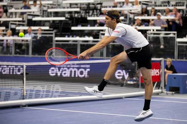 February 7, 2025, Frisco, Texas, USA: TAYLOR FRITZ (USA) returns with a back hand in a singles match against DENIS SHAPOVALOV (CAN) during day six of the 2025 Dallas Open at the Star in Frisco, TX. DENIS SHAPOVALOV (CAN) defeated TAYLOR FRITZ (USA), 2:6, 6:3, 7:6. Frisco USA - ZUMAh193 20250207_zsp_h193_019 Copyright: xDanielxMcGregor-Huyerx