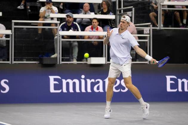 February 7, 2025, Frisco, Texas, USA: DENIS SHAPOVALOV (CAN) returns with forehand in a singles match against TAYLOR FRITZ (USA) during day six of the 2025 Dallas Open at the Star in Frisco, TX. DENIS SHAPOVALOV (CAN) defeated TAYLOR FRITZ (USA), 2:6, 6:3, 7:6. Frisco USA - ZUMAh193 20250207_zsp_h193_021 Copyright: xDanielxMcGregor-Huyerx