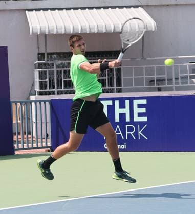 Chennai Open 2025: Oleksandr OVCHARENKO (UKR) vs Dalibor SVRCINA (CZE) Oleksandr OVCHARENKO (UKR) In action Chennai SDAT Stadium INDIA Copyright: xSeshadrixSukumarx