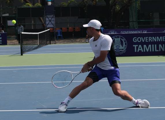 Chennai Open 2025: Shintaro MOCHIZUKI (JPN) vs Kyrian JACQUET (FRA) Kyrian JACQUET (FRA) In action Chennai SDAT Stadium INDIA Copyright: xSeshadrixSukumarx