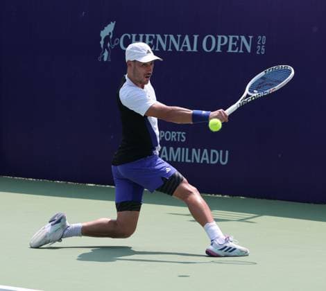 Chennai Open 2025: Shintaro MOCHIZUKI (JPN) vs Kyrian JACQUET (FRA) Kyrian JACQUET (FRA) In action Chennai SDAT Stadium INDIA Copyright: xSeshadrixSukumarx