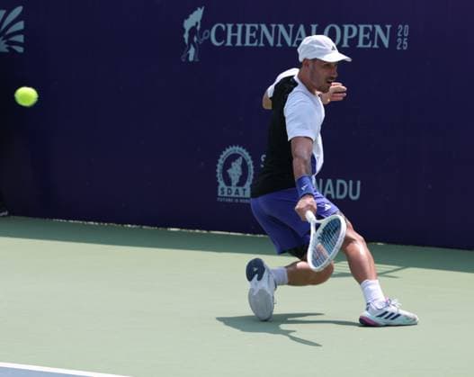 Chennai Open 2025: Shintaro MOCHIZUKI (JPN) vs Kyrian JACQUET (FRA) Kyrian JACQUET (FRA) In action Chennai SDAT Stadium INDIA Copyright: xSeshadrixSukumarx