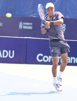 Chennai Open 2025: Shintaro MOCHIZUKI (JPN) vs Kyrian JACQUET (FRA) Shintaro MOCHIZUKI (JPN) In action Chennai SDAT Stadium INDIA Copyright: xSeshadrixSukumarx