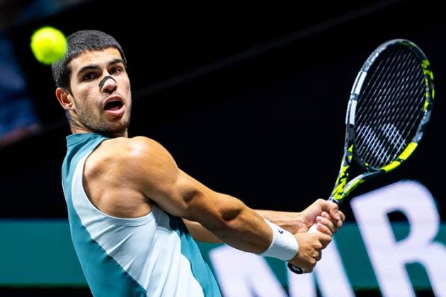 2025-02-06 ABN AMRO Open Day Four ROTTERDAM, NETHERLANDS - FEBRUARY 6: Carlos Alcaraz of Spain in action during Day Four of the ABN AMRO Open at Rotterdam Ahoy on February 6, 2025 in Rotterdam, Netherlands. (Photo by Joris Verwijst BSR Agency) Rotterdam Netherlands Content not available for redistribution in The Netherlands directly or indirectly through any third parties. Copyright: xBSRxAgencyx