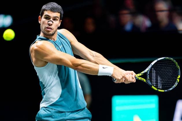 2025-02-06 ABN AMRO Open Day Four ROTTERDAM, NETHERLANDS - FEBRUARY 6: Carlos Alcaraz of Spain in action during Day Four of the ABN AMRO Open at Rotterdam Ahoy on February 6, 2025 in Rotterdam, Netherlands. (Photo by Joris Verwijst BSR Agency) Rotterdam Netherlands Content not available for redistribution in The Netherlands directly or indirectly through any third parties. Copyright: xBSRxAgencyx