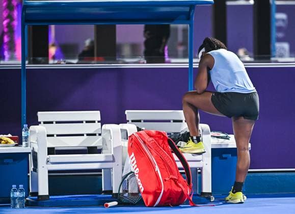 WTA, Tennis Damen QATAR OPEN TENNIS TOURNAMENT QUALIFYING 1st ROUND Hailey Baptiste of United States reacts during her Qualifying 1st round match against Rebeka Masarova of Switzerland ahead of the WTA Qatar TotalEnergies Open2025 tennis tournament at the Khalifa International Tennis Complex in Doha, Qatar, on February 7, 2025. Copyright: xNOUSHADx