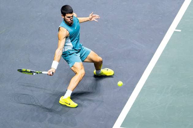 2025-02-07 ABN AMRO Open Day Five ROTTERDAM, NETHERLANDS - FEBRUARY 7: Carlos Alcaraz of Spain in action during Day Five of the ABN AMRO Open at Rotterdam Ahoy on February 7, 2025 in Rotterdam, Netherlands. (Photo by Joris Verwijst BSR Agency) Rotterdam Netherlands Content not available for redistribution in The Netherlands directly or indirectly through any third parties. Copyright: xBSRxAgencyx