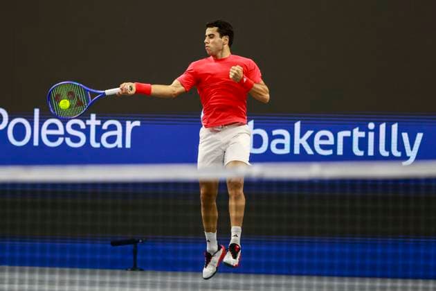 February 7, 2025, Frisco, Texas, USA: JAUME MUNAR (ESP) in action against Matteo Arnaldi (ITA) during the quarterfinals of the ATP, Tennis Herren Dallas Open at Ford Center at The Star. MUNAR wins 4:6, 6:3, 3:6. Frisco USA - ZUMAf180 20250207_zsp_f180_015 Copyright: xMarkxFannx