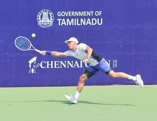 Chennai Open 2025: Chennai Open 2025: Kyrian JACQUET (FRA) vs Dalibor SVRCINA (CZE) Kyrian JACQUET (FRA) won by 6-4,6-1 Kyrian JACQUET (FRA) in action Chennai SDAT Stadium INDIA Copyright: xSeshadrixSukumarx