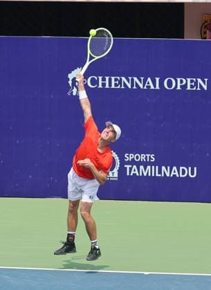Chennai Open 2025: Chennai Open 2025: Kyrian JACQUET (FRA) vs Dalibor SVRCINA (CZE) Kyrian JACQUET (FRA) won by 6-4,6-1 Dalibor SVRCINA (CZE) in action Chennai SDAT Stadium INDIA Copyright: xSeshadrixSukumarx