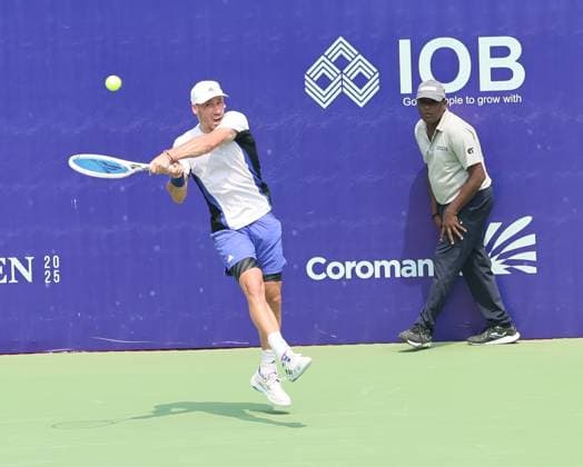 Chennai Open 2025: Chennai Open 2025: Kyrian JACQUET (FRA) vs Dalibor SVRCINA (CZE) Kyrian JACQUET (FRA) won by 6-4,6-1 Kyrian JACQUET (FRA) in action Chennai SDAT Stadium INDIA Copyright: xSeshadrixSukumarx