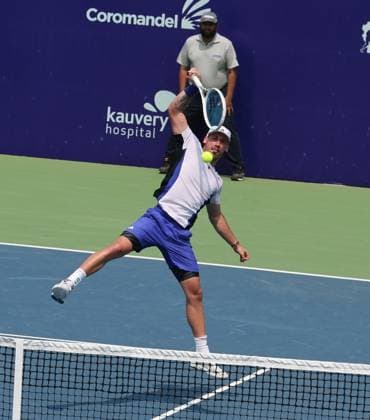 Chennai Open 2025: Chennai Open 2025: Kyrian JACQUET (FRA) vs Dalibor SVRCINA (CZE) Kyrian JACQUET (FRA) won by 6-4,6-1 Kyrian JACQUET (FRA) in action Chennai SDAT Stadium INDIA Copyright: xSeshadrixSukumarx